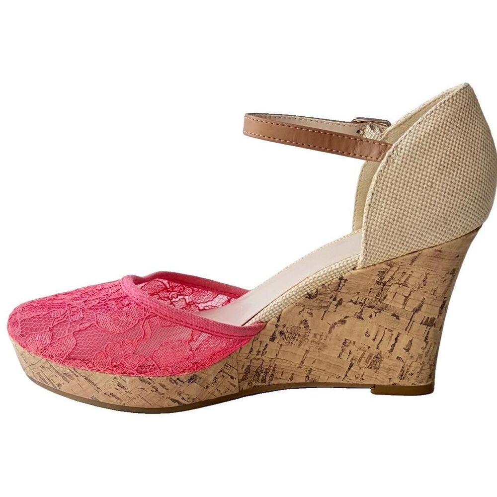 Apt. 9 Pink Lace Cork Wedge Sandals Women's Size 9 Ankle Strap Coquette